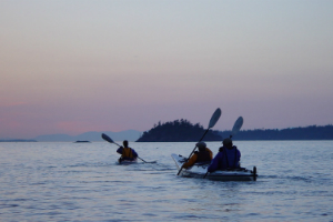 Three paddle into the sunset.