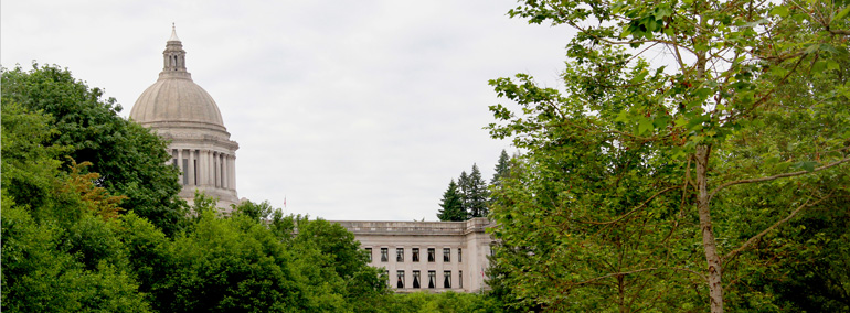 Photo of Washington State Legislative Building and Temple of Justice as seen from Capitol Lake