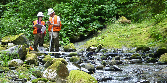 Two technicians doing stream monitoring in the OESF