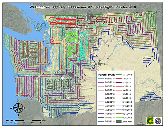 a map of Washington with colorful lines indicating aerial survey flights